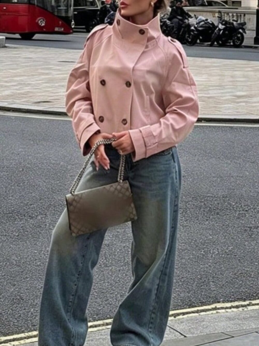 Pink Casual Women's Double-Breasted Long Sleeve Jacket - Picture 4 of 6